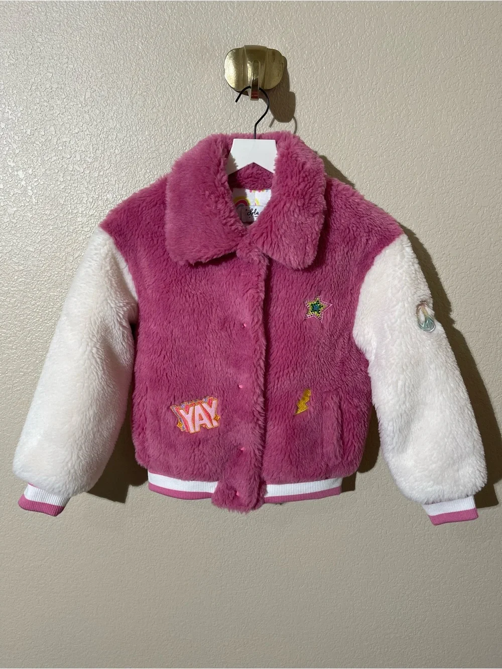 lola + the boys Plush Faux-Fur Bomber Jacket - Pink & White